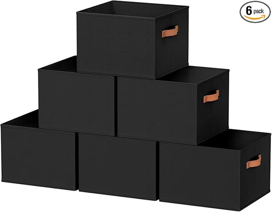 6 Pack Large Closet Storage Baskets Bins for Shelves, Collapsible Fabric Closet Organizers and Storage with Polyester Handles, Decorative Baskets for Organizing Clothes, Towels, Linen Closet 14"x10"