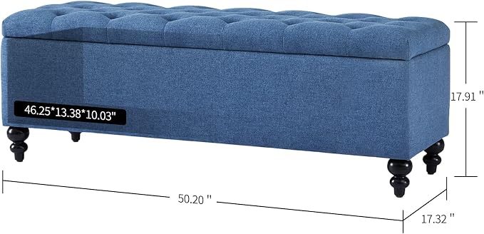 Storage Ottoman 50.2 Inches Upholstered Fabric Storage Ottoman Bench，Button Tufted Ottoman with Storage for Living Room，Bedroom End of Bed Bench Withstands 302lbs (Blue) | 47.2-inch storage ottoman with safety hinge, tufted upholstered seat and spaciou...