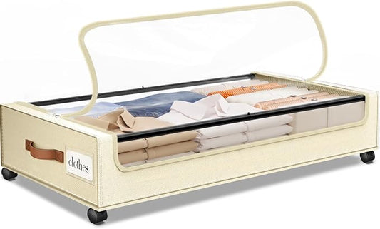 SpaceHacks Under Bed Storage with Wheels 1Pack Underbed Storage with Clear Window&Label Under Bed Drawers Large Capacity Rolling Under Bed Storage for Clothes,Shoes, Blankets (Beige)