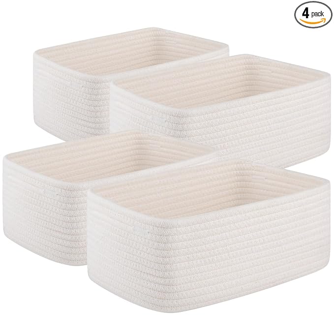OIASKET 4 Pack Small Storage Shelf Baskets for Organizing, Mini Woven Rope Storage Bins for Towels, Cute Decorative Closet Organizer，Baby Nursery, Gift Empty Baskets -14.17''Lx11.02''Wx6.3''H-White