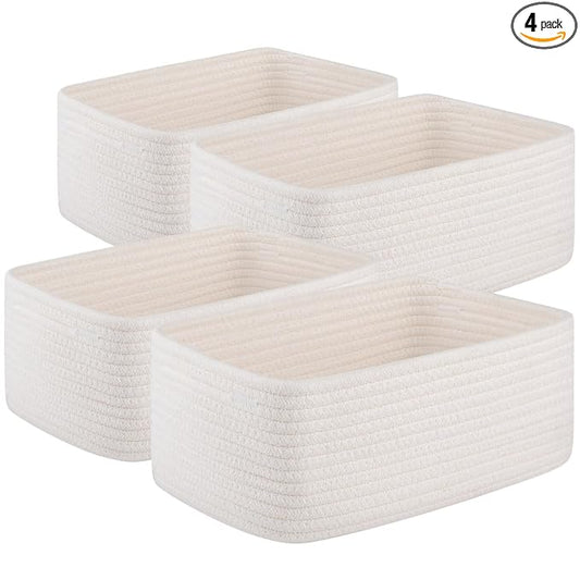 OIASKET 4 Pack Small Storage Shelf Baskets for Organizing, Mini Woven Rope Storage Bins for Towels, Cute Decorative Closet Organizer，Baby Nursery, Gift Empty Baskets -14.17''Lx11.02''Wx6.3''H-White