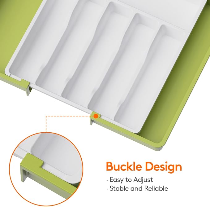 Lifewit Extra Large Silverware Drawer Organizer, Expandable Utensil Tray for Kitchen, BPA Free Flatware Cutlery Holder, Adjustable Plastic Storage for Spoons Forks Knives, 13-22 x 15, Green&White