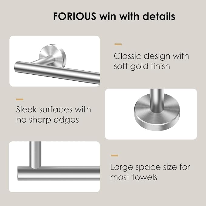 FORIOUS Towel Bar 9" Towel Racks for Bathroom Wall Mounted Brushed Nickel | Total Length 11 Inch, Rustproof, Stainless Steel Towel Holder, Wall Mounted for Bathroom Bedroom, Heavy Duty, Space Saving