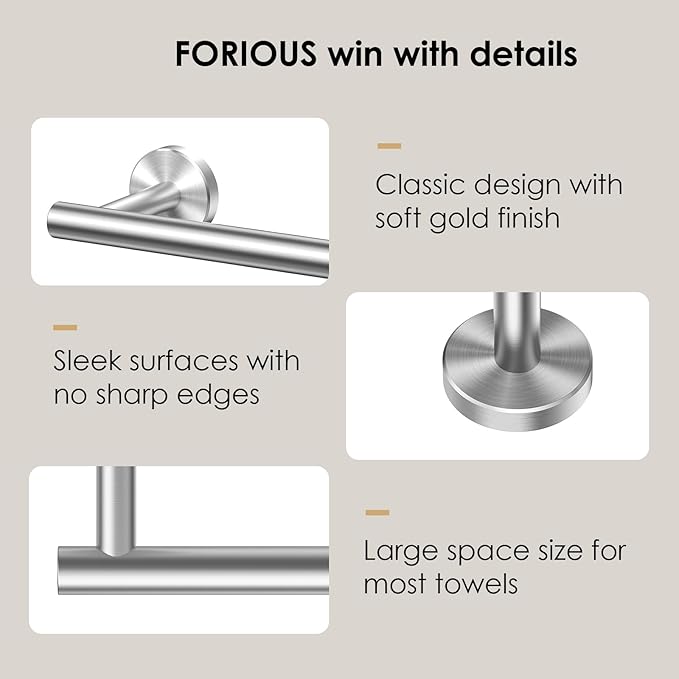 FORIOUS Towel Bar 12" Towel Racks for Bathroom Wall Mounted Brushed Nickel | Total Length 14 Inch, Rustproof, Stainless Steel Towel Holder, Wall Mounted for Bathroom Bedroom, Heavy Duty, Space Saving