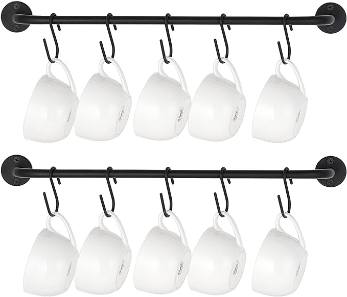 Mkono Wall Mounted Mug Holder, Coffee Cup Hanger Rack with 10 Hooks, 2 Pack | Kitchen Rod, Space Saving, Easy Assembly, Wall & Under Cabinet, Durable Metal, Kitchen Dining Bar Organizer, Multi-Function