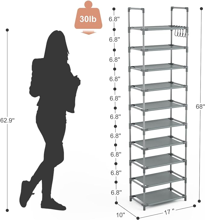 LANTEFUL 10 Tiers Tall Shoe Rack 20-25 Pairs Boots Organizer Storage Sturdy Narrow Shoe Shelf for Entryway, Closets with Hooks, Grey