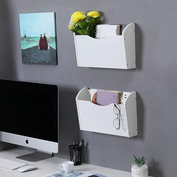 PAG Wall File Holder Wall Mounted Wood Hanging File Organizer for Office, 2 Pockets, White