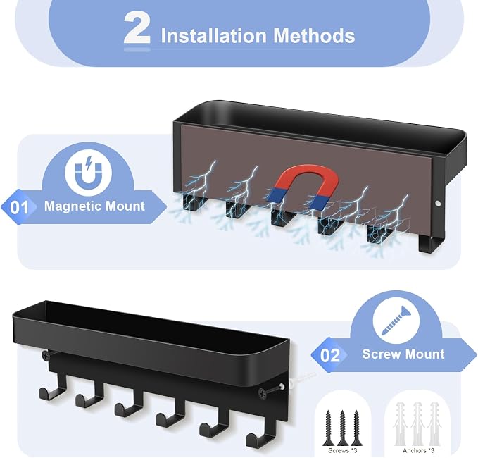 RELBRO Magnetic Key Holder for Fridge, Key Rack with Shelf, Black | Metal, Built-in Magnet, Top Tray, 2 Installation Options, Matte Finish, Compact, Key Rack for Refrigerator Camper RV Entryway