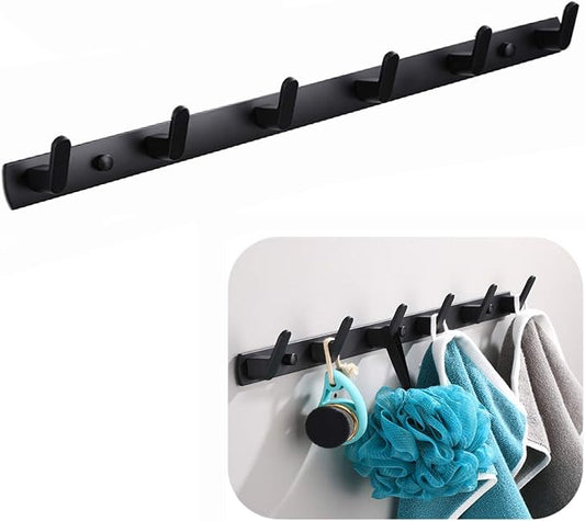 Wall Mounted Coat Rack, 6 Hooks, 21.7"x1.3", Modern, Black | Space Aluminum, Rustproof, for Hallway, Entryway, Hanging Holder for Clothes, Towel, Backpack, 40 lbs Capacity, Easy Install