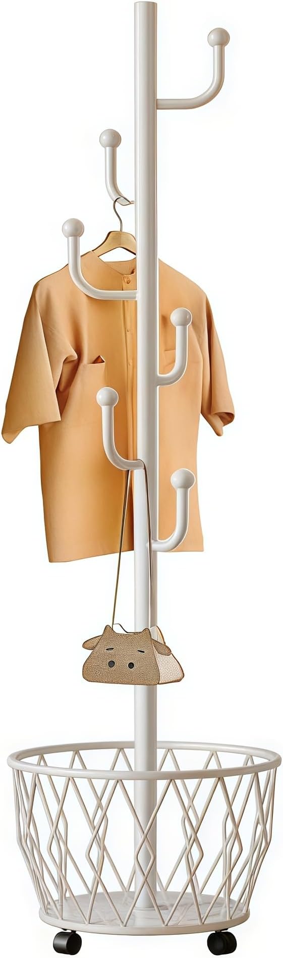 Off-White Moveable Cactus Metal Coat Rack with Basket Freestanding | Modern Organizer for Scarf Jacket Hat Bags Ideal for Home Entryway Bedroom Corner Stable