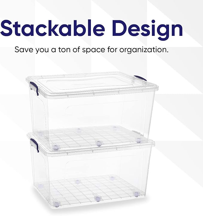Superio Clear Storage Box with Wheels, 85 Qt Heavy Duty Container with Lid, Stackable Rolling Bin for Home, Garage, Closet Organization- Toys, Linen, Tools, Clothing, Supplies, Camping Accessories