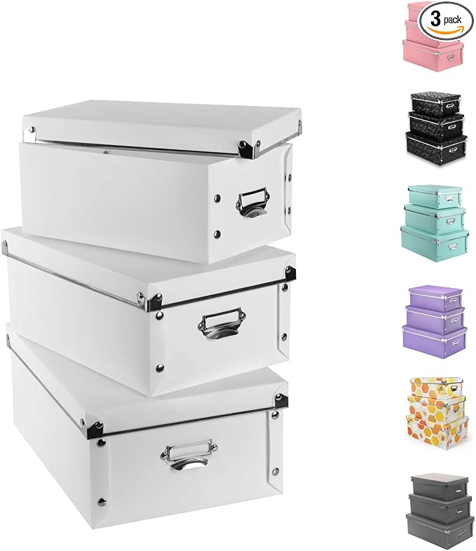 XUCHUN Decorative Storage Box with Lids,Set of 3 Waterproof Foldable Plastic Box Multiple Sizes for Socks/Office（White）