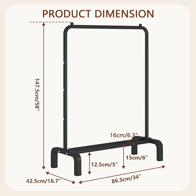 Garment Rack Clothing Clothes Rack for Clothes Organizing Black | Standard Metal 34 Inches Garment Rack with Bottom Shelf for Hanging Clothes Coats Jackets Shirts Sweaters Jeans Black