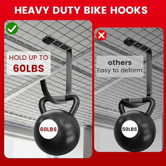 Bike Hooks for Garage Ceiling Mount Rack, Add on Storage Flat Hook, 6 Pack | Anti-Rust Overhead Garage Hooks for Wall Shelving, 60lbs Load Capacity, Tool-Free Installation