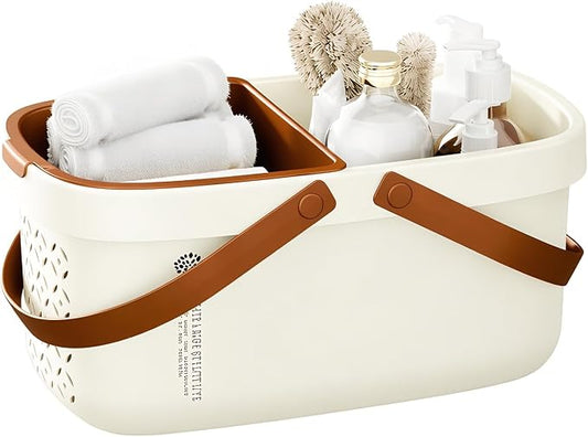 Pulseplay Plastic Shower Caddy Basket with Handle Portable Bath Tote Basket Bin for Bathroom Kitchen College Dorm Gym(Cream)