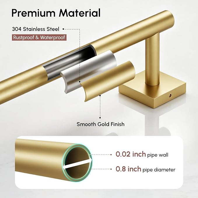 Brushed Gold Towel Bar, 18 Inch Towel Racks for Bathroom | Thicken 304 Stainless Steel Towel Holder with Square Base, Towel Rod Wall Mounted, Modern Home Decor (Total Length 20 Inch)