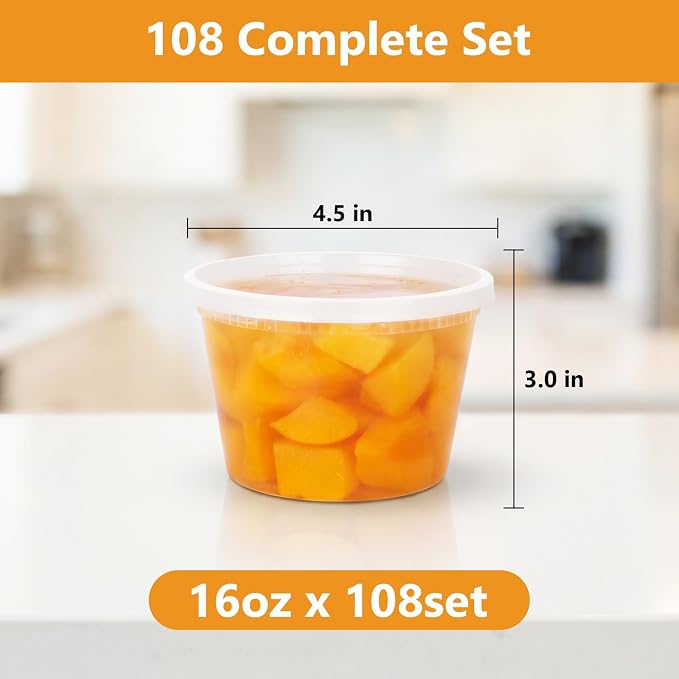 108 Sets (216-Piece) Deli Containers with Lids,16oz X 108 Set Each, Leak-Proof & BPA Free Airtight Takeout Plastic Food Storage Containers for Soup, Meal Prep, Microwave/Freezer Safe