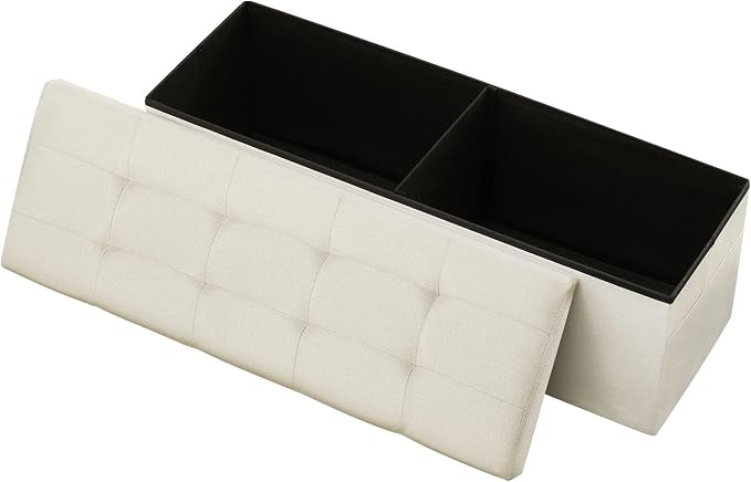 VEVOR Foldable Storage Ottoman Bench, End of Bed Bench with Side Bags, Folding Upholstered Storage Chest Supports 660 lbs, Linen Bed Ottoman with Large Space for Living Room, Bedroom, Entryway, Beige