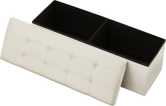VEVOR Foldable Storage Ottoman Bench, End of Bed Bench with Side Bags, Folding Upholstered Storage Chest Supports 660 lbs, Linen Bed Ottoman with Large Space for Living Room, Bedroom, Entryway, Beige