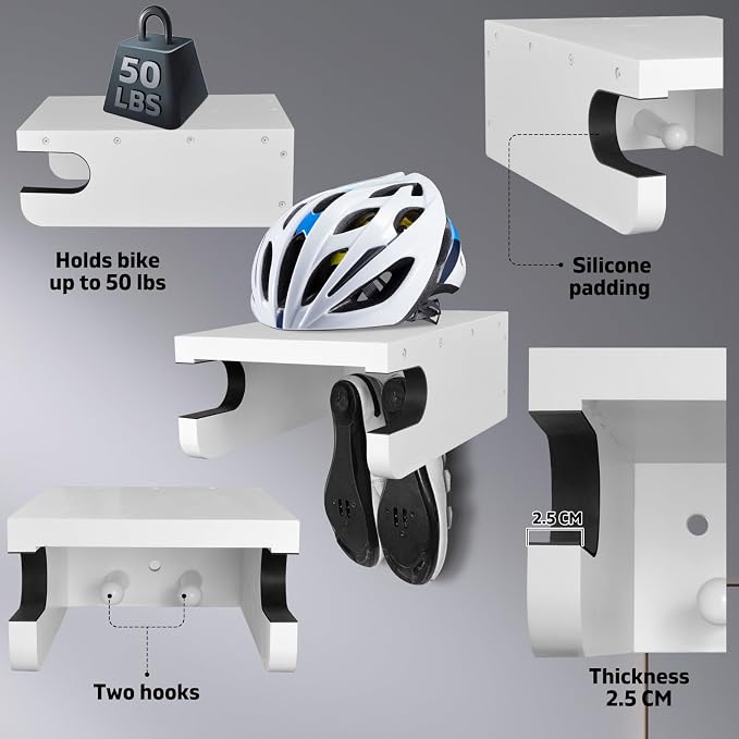 Wooden Bike Wall Mount Rack with Shelf and Hooks, Bike Hanger Wall Mount | Wood Wall Mount Bike Hangers for Garage, Space-Saving Indoor Bike Wall Mount Horizontal Storage Rack for Single Road Bicycle