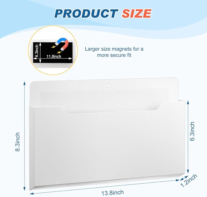 6 Pcs Magnetic Wall File Organizer Magnetic Wall File Holder Refrigerator Magazine Holder for Mail Letters Paper(White,Horizontal-large)