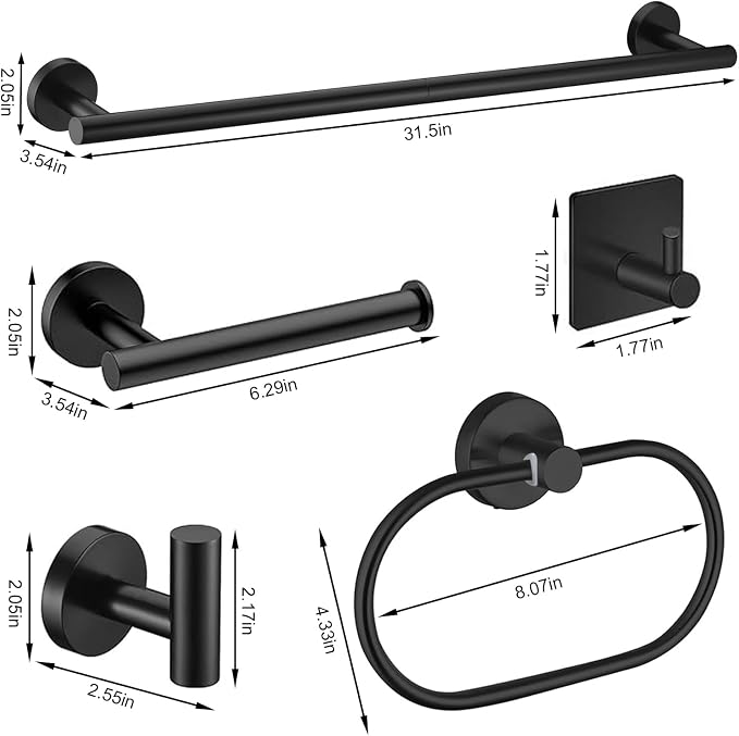 Black Bathroom Accessories Set, 7 Pieces Black Towel Bar Bathroom Hardware Set, 31.5 Inch Towel Racks for Bathroom, SUS304 Stainless Steel Bathroom Towel Holder Toilet Paper Holder Wall Mounted