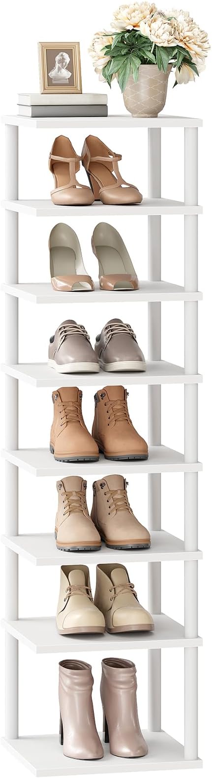 HOOBRO Vertical Shoe Rack, 8-Tier Narrow Shoe Shelf, Shoe Storage Organizer for Small Space, 11" L x 11" W x 53" H, Closet, Entryway, Hallway, Bedroom, White WW22XJ01