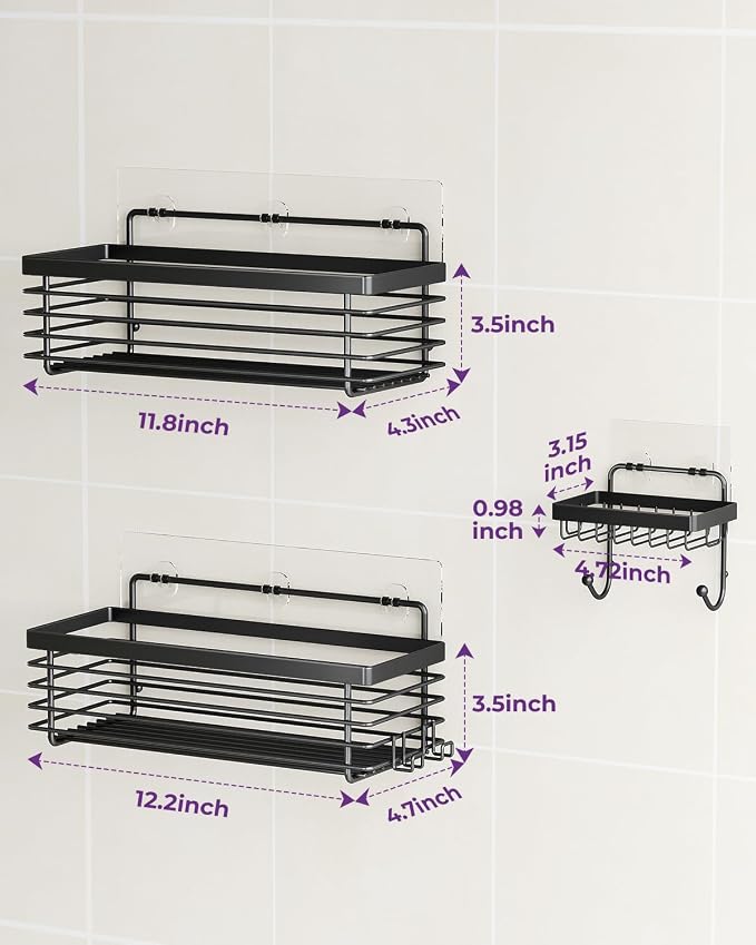 ODesign Shower Shelves Adhesive 3 Pack Stainless Steel Storage Shelve-Black | No drilling wall mounted,rust-resistant,large capacity,quick drainage,easy to clean,suitable for bathrooms and kitchens
