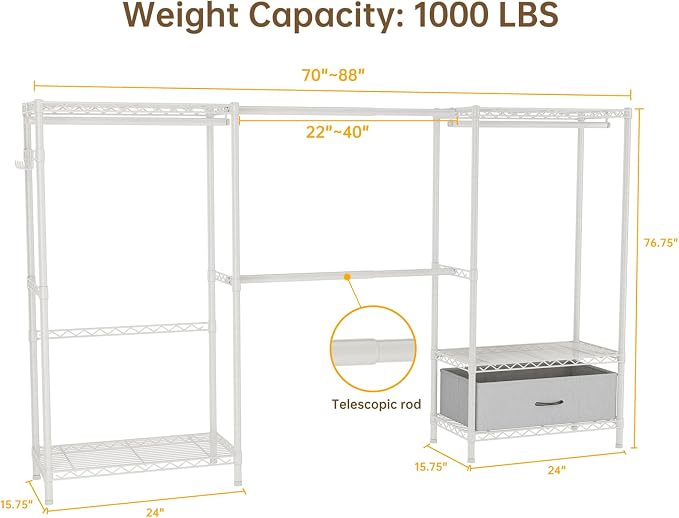 Golpart Heavy Duty Clothing Rack with Adjustable Shelves Clothes Wardrobe | Coat Rack Metal Closet Organizer and Storage Garment Rack for Hanging Clothes Wire Portable Cloth System Free Standing White