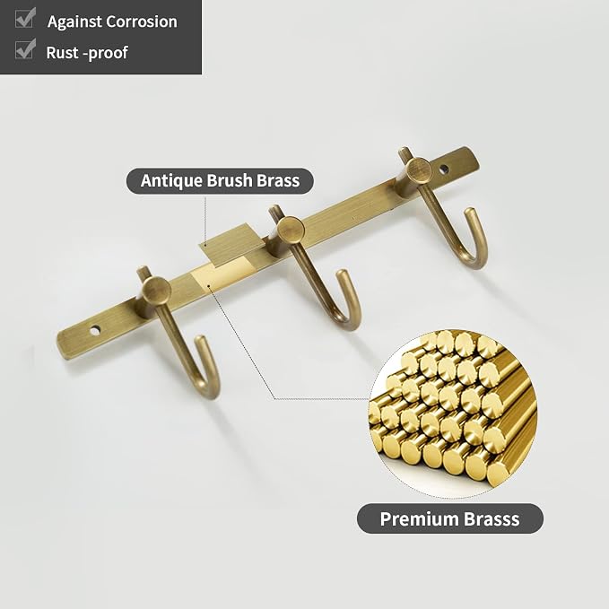 WINCASE Antique Brass Towel Hook Rack, Brushed Wall Hooks with 3 Hooks - Rustic Bath Coat Hook Holders