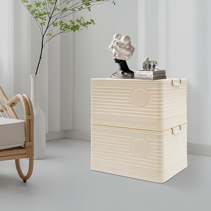 Yykniey Foldable Storage Bins with Wheels, 2 Pack Stackable Collapsible Storage Box Organizer for Closet Bedroom Living Room, Cream White