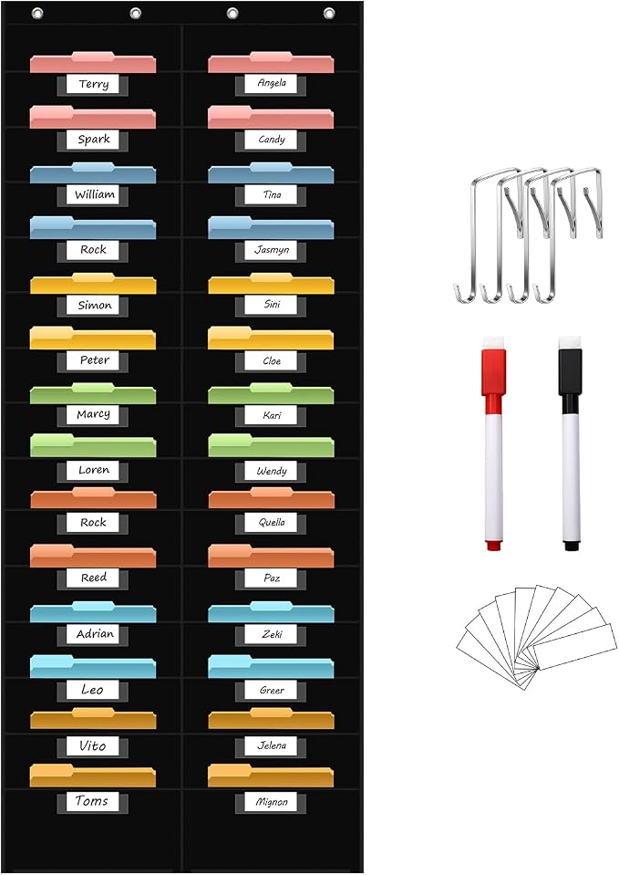 ANCOMEDO 28 Pocket Hanging Wall File Organizer with 28 Name tag Pockets, File Storage Pocket Chart for Classroom and Office Use. Keeps Assignments, Files, Scrapbooks, and Papers Neatly Organized.