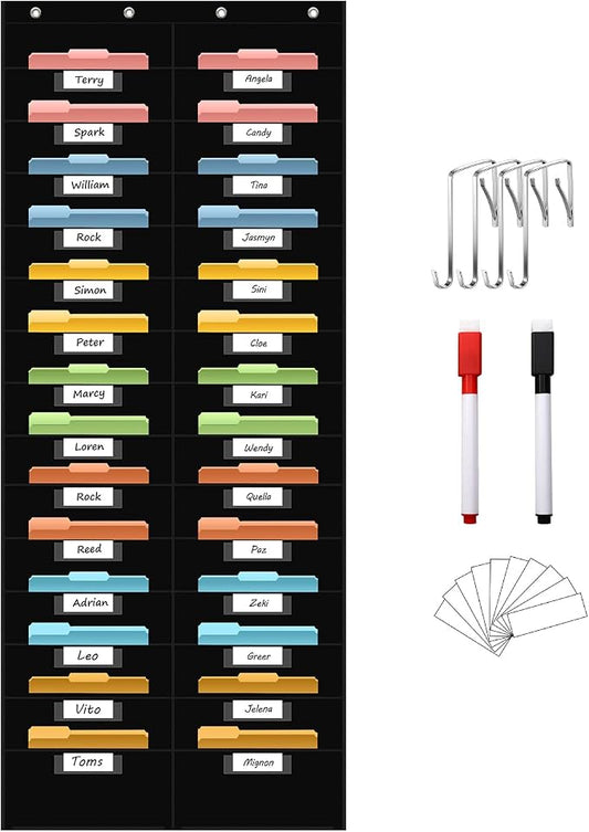 ANCOMEDO 28 Pocket Hanging Wall File Organizer with 28 Name tag Pockets, File Storage Pocket Chart for Classroom and Office Use. Keeps Assignments, Files, Scrapbooks, and Papers Neatly Organized.