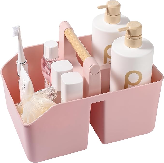 rejomiik Plastic Shower Caddy, Portable Basket with Bamboo Handle, Pink | Cleaning Caddy Organizer Tote for Bathroom, College Dorm Essentials, Bath Toy Storage, Cleaning Supplies