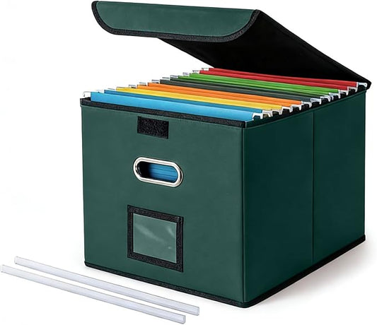 CADONO File Organizer Box with Lid (Dark Green, 14.9 x 12.59 x 10.8 inch) | Large Hanging File Folder Organizer with Plastic Slide, Collapsible Portable Filing Storage Boxes for Office/Decor/Home