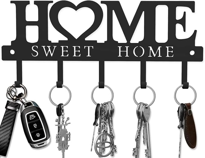 Key Holder Hooks Organizer Hanger Rack Wall Mounted Sweet Home Metal Decor Stylish and Practical for Entryway Front Door Kitchen Hallway Garage Mudroom Office Hardware Included Black (Sweet 13 inches)