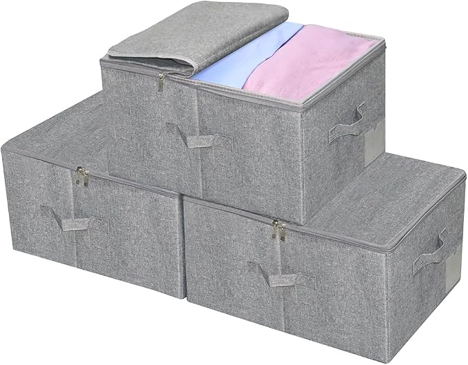 iwill CREATE PRO Pack of 3, 17.7 * 13.8 * 9.8" Stackable Folding Storage Baskets with Lid & Carry Handles & Memo Pocket, Good Wardrobe Separator Bins, Dark Gray