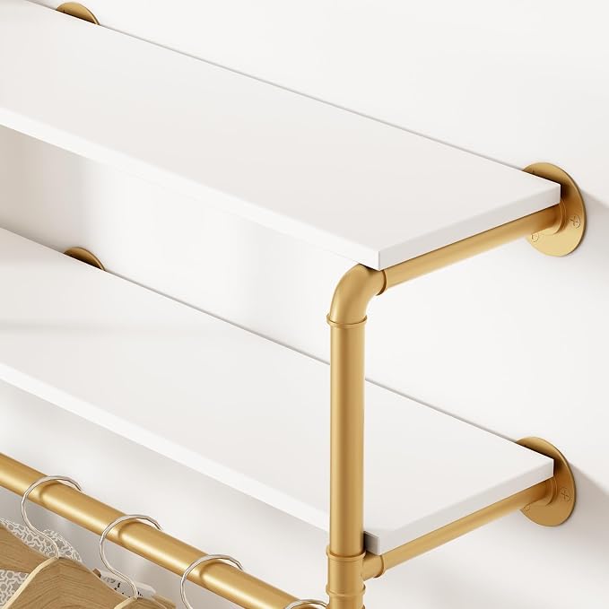 ORSENIGO Industrial Pipe Clothing Rack with Shelves, Gold Wall Mounted Clothes Rack Heavy Duty Display Garment Rack for Home Retail