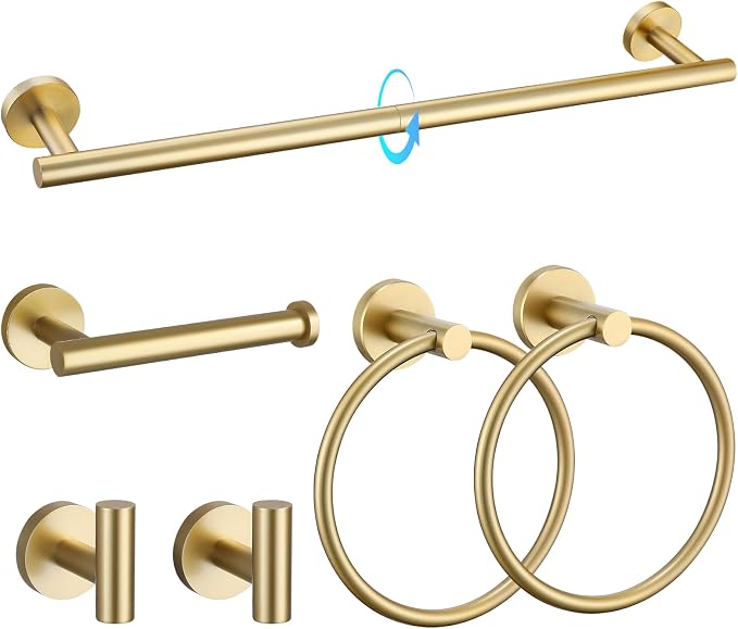 TQKAG Brushed Gold Bathroom Hardware Set 6-Piece Bathroom Accessory Set 23.6 Inch Round Stainless Steel Towel Bar Set Wall Mounted