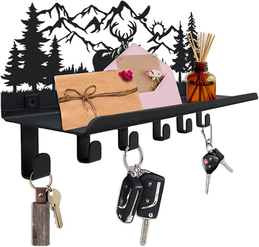Deer Metal Key and Mail Holder for Wall, Key Holder Wall Mount with Shelf, Key Rack, Key Hooks for Living Room, Hallway, Office