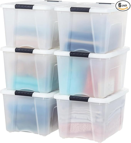 IRIS USA 6-Pack 40 Quart Storage Bins with Lids, Pearl | Conceals contents for a clean look. Perfect for moving, blankets, clothing, and garage storage. Nestable design saves space
