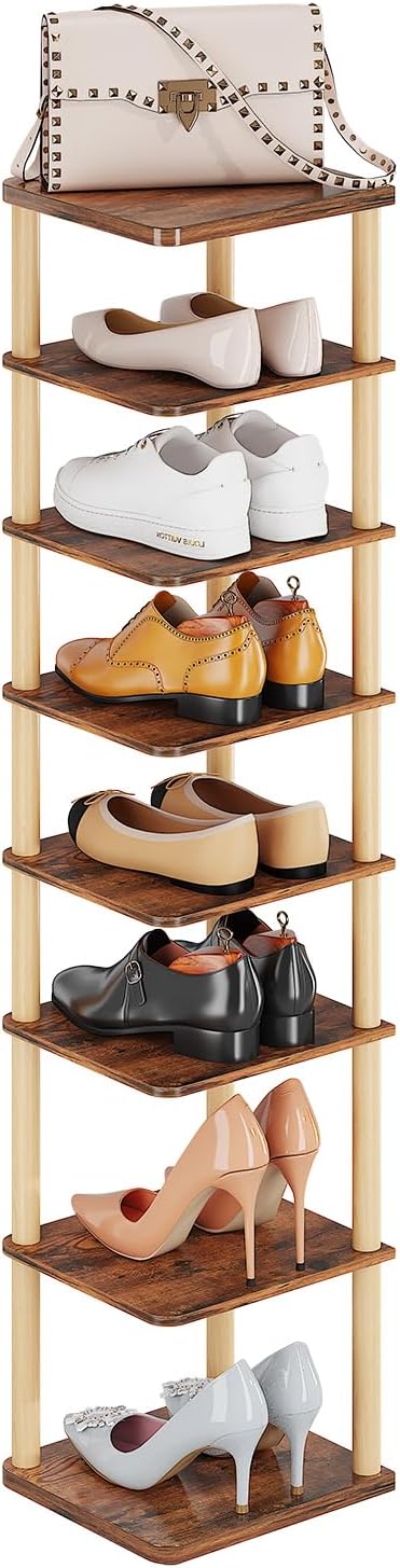 8 Tiers Vertical Shoe Rack, Tall Narrow Shoe Tower, Corner Shoe Rack, Brown | Small Shoe Organizer for Entryway, Closet, Dorm & Small Spaces, Freestanding Wooden Shoe Shelf for Boots, Sneakers, Heels.