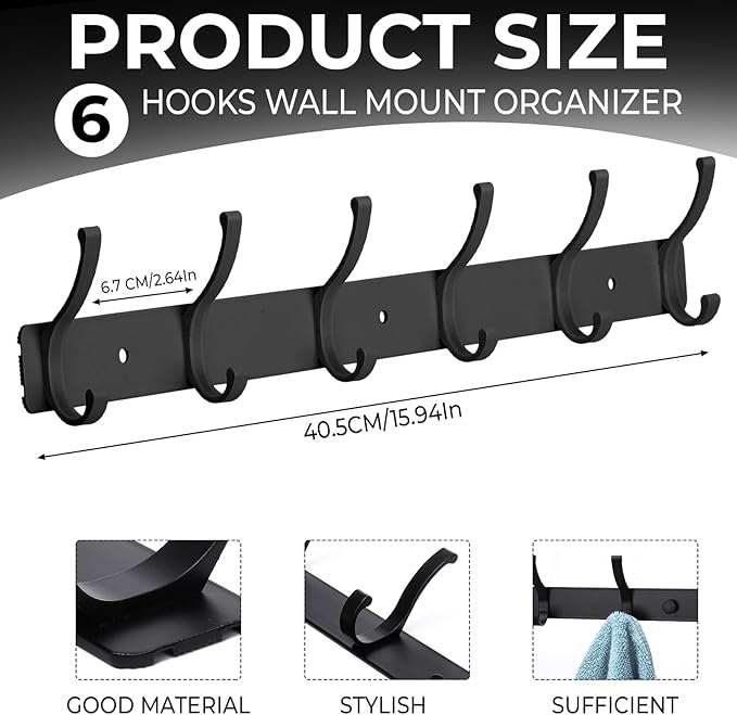 Wall Mount Coat Rack 2 Pack, Black Coat Hooks Hanger with 6 Double Hooks | Zinc Alloy, Smooth Hook Edges, Screw Installation, Double Hooks，Greater Storage Space for Hanging Robes, Clothes, Bags, Hat