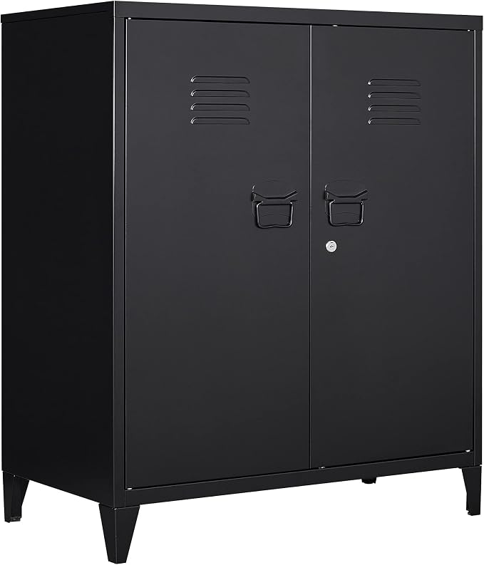 Metal Storage Cabinet with Lock, Locking Cabinets with 2 Doors and Shelves, Lockable Steel Locker Cupboard, Small Sideboard Buffet Cabinet for Home Office