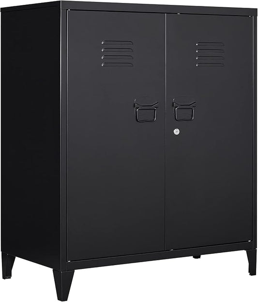 Metal Storage Cabinet with Lock, Locking Cabinets with 2 Doors and Shelves, Lockable Steel Locker Cupboard, Small Sideboard Buffet Cabinet for Home Office