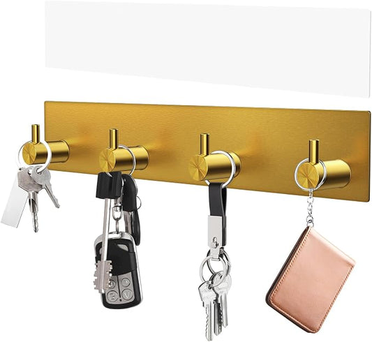 VIS'V Key Holder Wall Mount, Large Adhesive Key Hanger with 4 Hooks, Gold | Metal Material, No Drilling, Extra Adhesive Strip, Suitable for Entryway, Hallway, Doorway, Kitchen, Garage, Camper