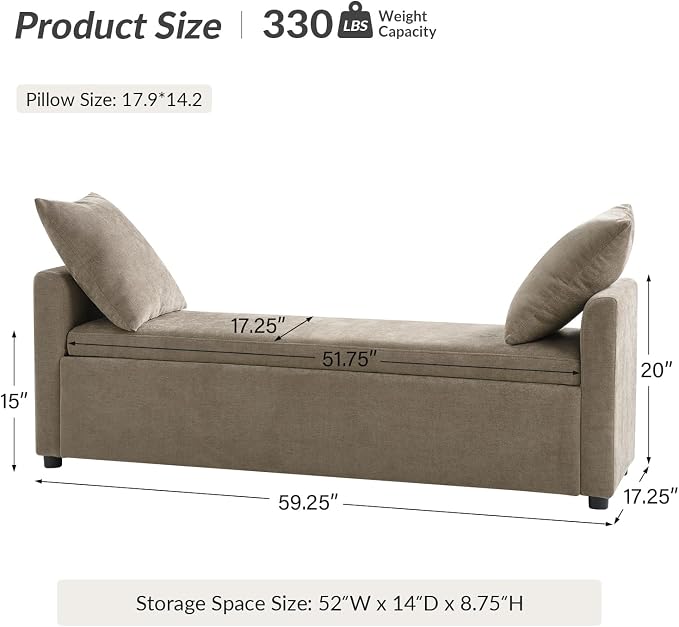 HULALA HOME 59" Storage Bench with 2 Throw Pillows & Armrests, Brown | Modern Long Bedroom Bench for End of Bed, Comfy Upholstered Fabric Footstool for Entryway Living Room