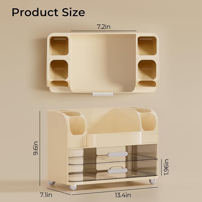 UFORU Makeup Organizer Countertop with 2 Large Drawers for Vanity Bathroom | Brush Holder, Large Capacity, Thickened Plastic, Compact Footprint, Space-Saving Design, Easy Clean, Ideal for Dorm Rooms