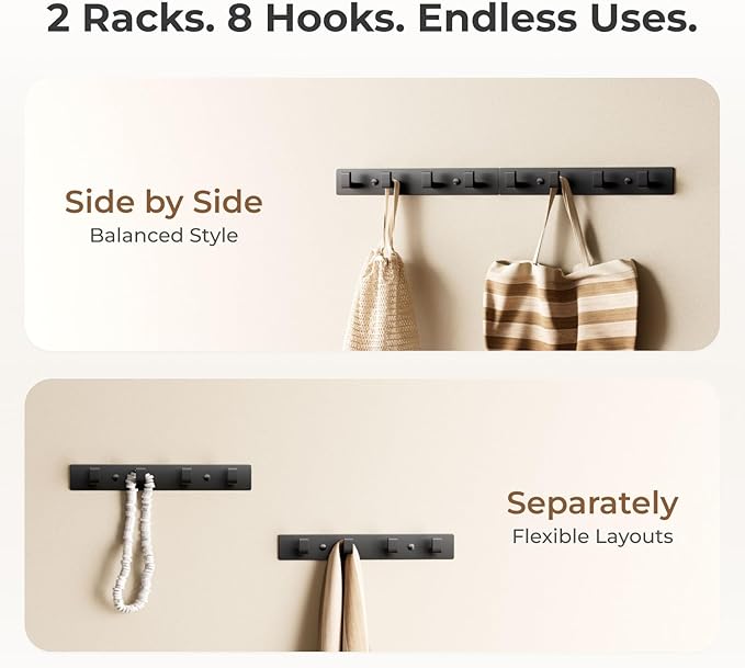 GWAAZXGZ Black Wall Mounted Coat Rack, 8 Right-Angle Hooks, 25 inch | Modern Organizer for Entryway, Bathroom, Bedroom, Holds Coats, Towels, Hats