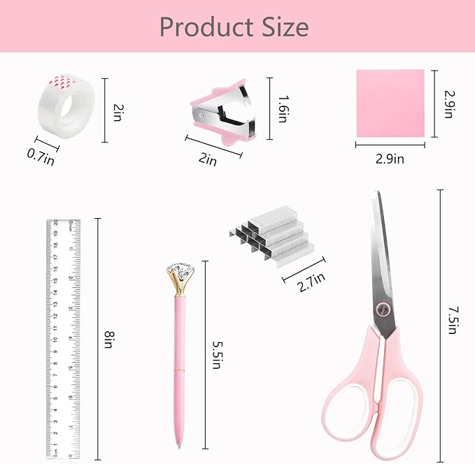 Office Supplies,School Supplies,Pink Desk Accessories,Desk Organizer,Scissors,Stapler,Tape Dispenser,Binder Clips,Staples,Staple Remover,Sticky Notes,Clear Tape,Pen,Ruler,Best Gift,11pcs